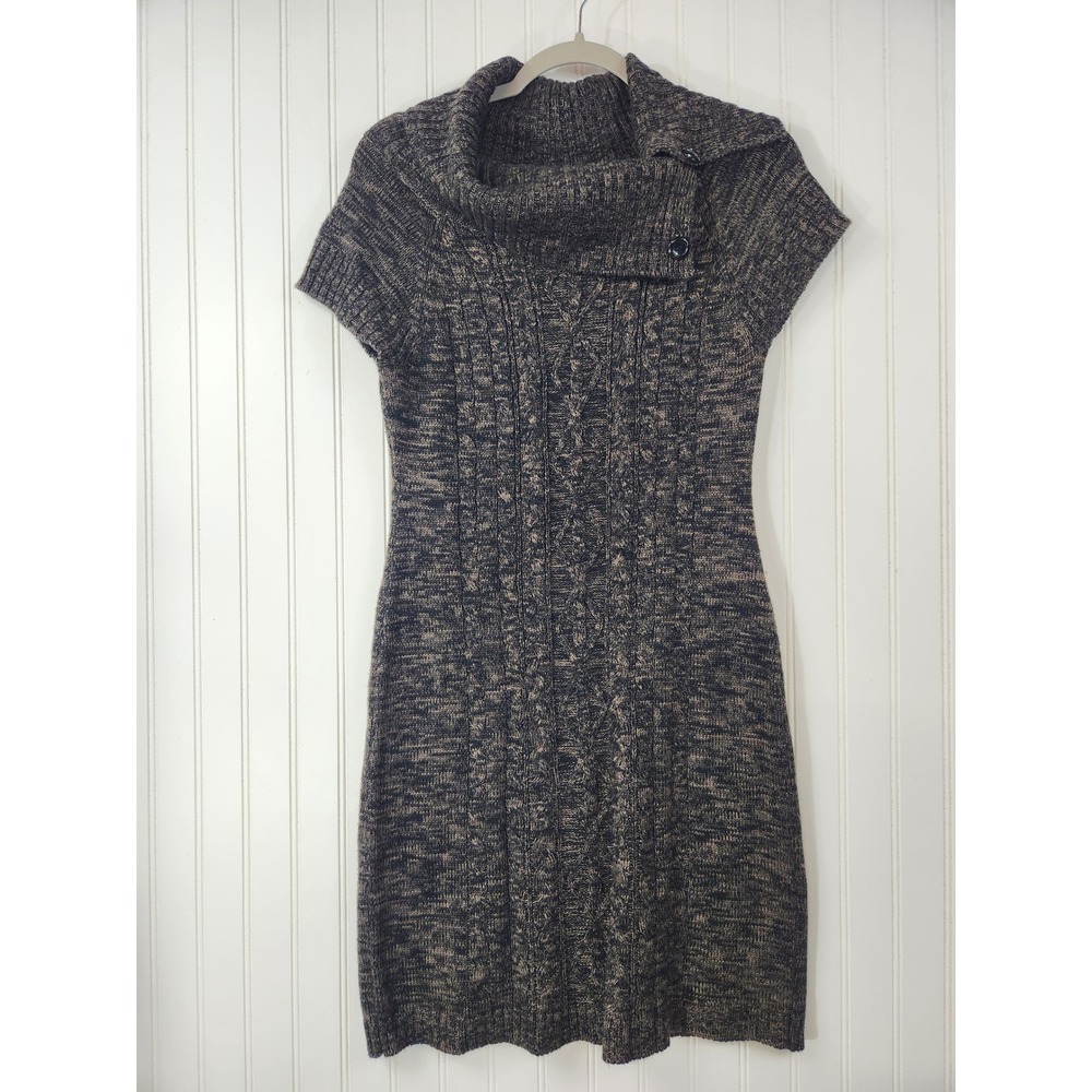 Calvin Klein Marled Cable Knit Cowl Neck Short Sleeve Sweater Dress Brown Size S
